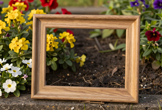 Springtime nature background, empty wooden picture frame in a flower garden for seasonal greeting cards and floral design mockups with copy space