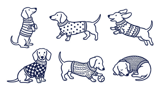 Dachshund dogs wearing cozy patterned sweaters in this delightful set of vector line art illustrations design