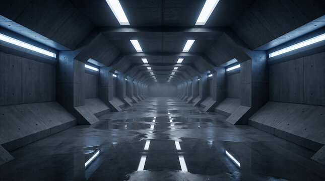 Futuristic scifi tunnel corridor with glowing lights and wet concrete floor