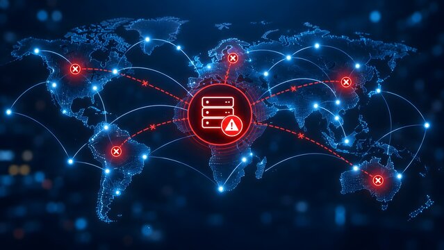 Global server outage concept showing central red warning alert connecting to disconnected nodes across digital world map network representing downtime