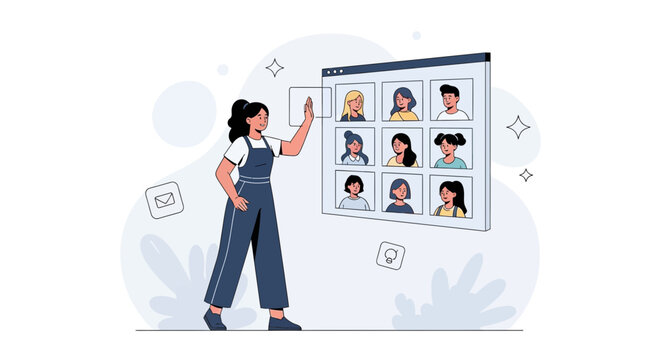 Diverse Group Video Conference Call Interface with Woman Managing Participants