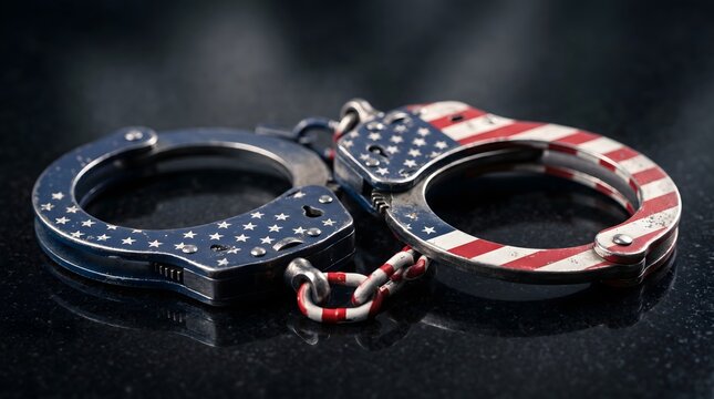 Metal handcuffs painted with the United States flag pattern resting on a dark reflective surface