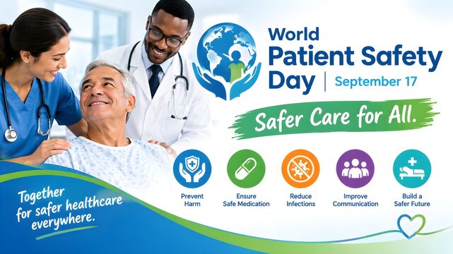 World patient safety day infographic with medical staff and patient care