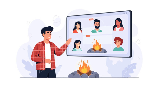 Diverse Team Collaborating Virtually Around a Campfire, Online Meeting Concept