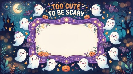 Fototapeta premium Cute Halloween Ghost Party Frame - Adorable ghosts, pumpkins, bats, and a haunted castle create a whimsical Halloween scene.
