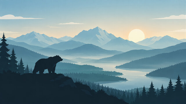 A minimalist flat vector illustration of a bear silhouette standing on a hill overlooking a river and snow-capped mountain landscape at sunrise.