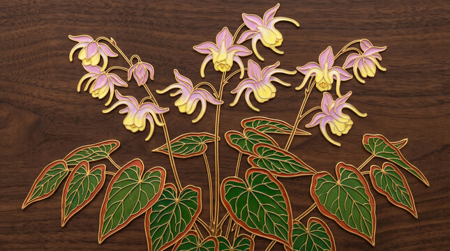 Delicate epimedium flower art inlay featuring intricate gold metal borders against a dark wooden grain background