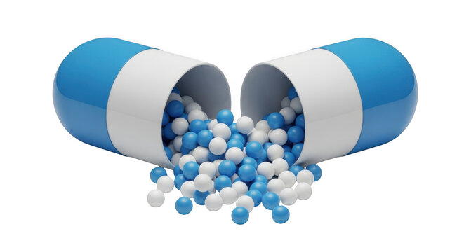 Medical capsule pill split open with granules, blue and white antibiotic medicine, pharmaceutical drug supplement for healthcare industry