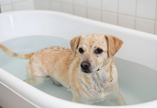 Pet grooming and hygiene, dog bath time with a cute puppy in a white tub for veterinary care and animal wellness at home in a bathroom setting