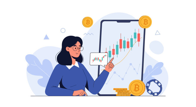 Woman analyzes cryptocurrency trading chart on smartphone, illustrating Bitcoin and blockchain concept