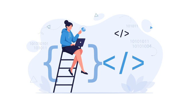 Woman Coder Sitting on Ladder with Laptop and Binary Code Symbols, Digital Technology Concept