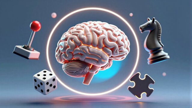 Brain surrounded by gaming, chess, and puzzle symbols, glowing with intelligence.