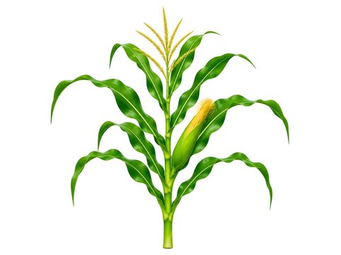 Vibrant single corn plant with golden tassel isolated on clean white background for agricultural marketing