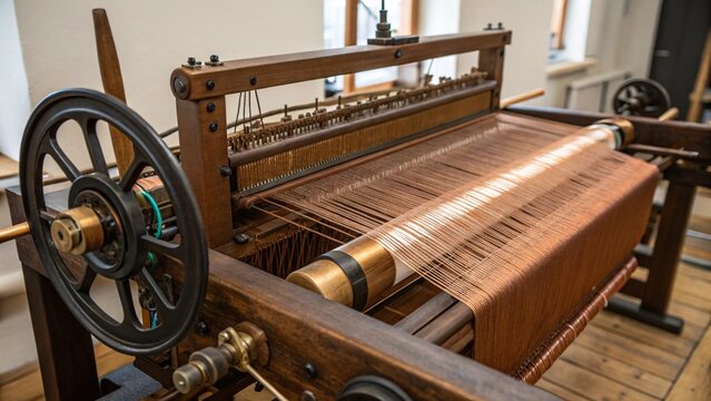 Traditional wooden weaving loom in a textile workshop