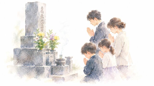 家族で合掌し故人を偲ぶお墓参りのイラスト