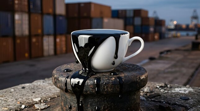 Thick dark liquid pouring and overflowing from a white ceramic cup on rusty metal bollard for industrial pollution and marine environmental awareness