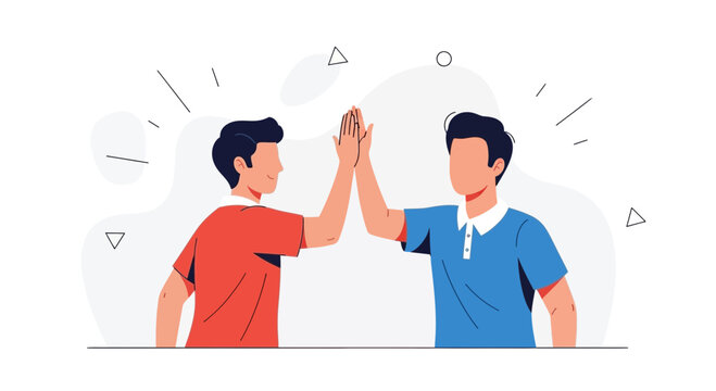 Two men giving high five, celebrating success or teamwork, modern flat design vector illustration