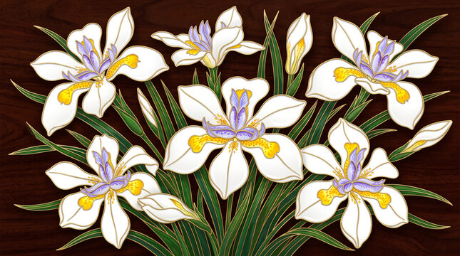 White iris flowers with purple centers and gold outlines arranged beautifully against dark wood grain background