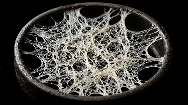 Complex organic sponge fiber network inside dark ceramic bowl to advance academic scientific research in sustainable bio material engineering