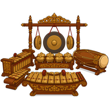 Traditional Indonesian Gamelan musical instrument ensemble isolated on white background