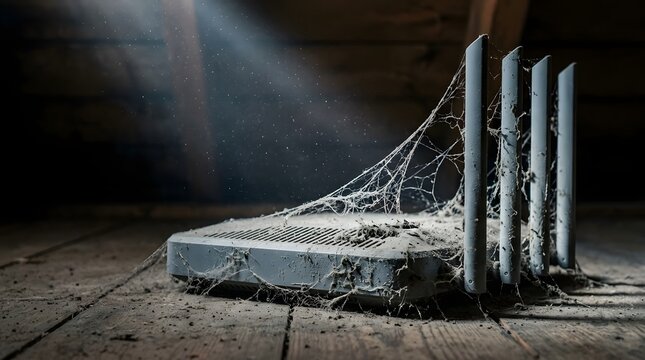 Dusty obsolete internet router covered in thick cobwebs on wooden attic floor to illustrate digital obsolescence and broadband hardware upgrade