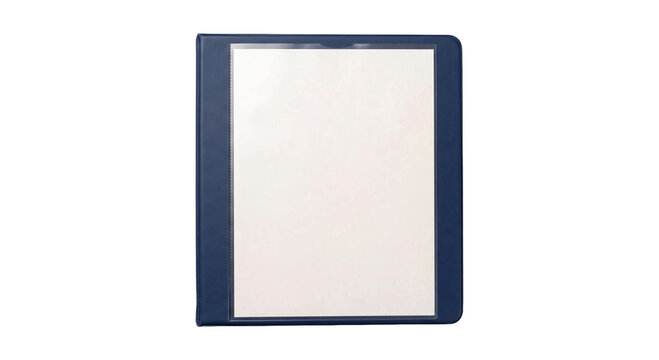 Elegant dark blue portfolio folder holding a blank white sheet of paper