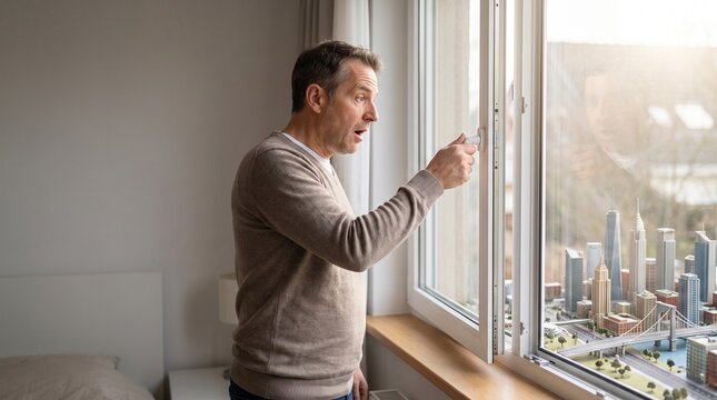 Surprised mature man opens his bedroom window to observe a realistic miniature city landscape model sitting on the wooden ledge