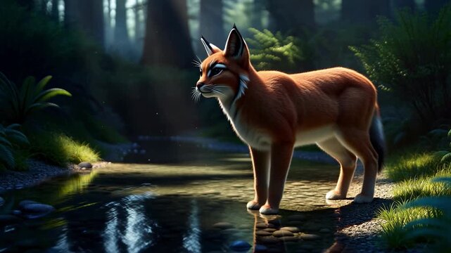 Wild canine exploring sunlit forest stream with curiosity with reflective stream sun dappled forest
