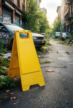Urban decay and neglect, yellow caution sign on a neglected city street with abandoned cars and graffiti in a run-down neighborhood