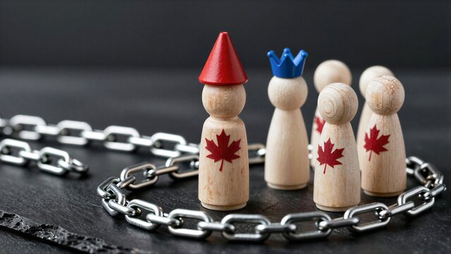 Wooden figures with maple leaves, one crowned, encircled by a chain.