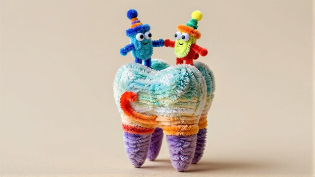Colorful pipe cleaner tooth with two festive, smiling characters inside.