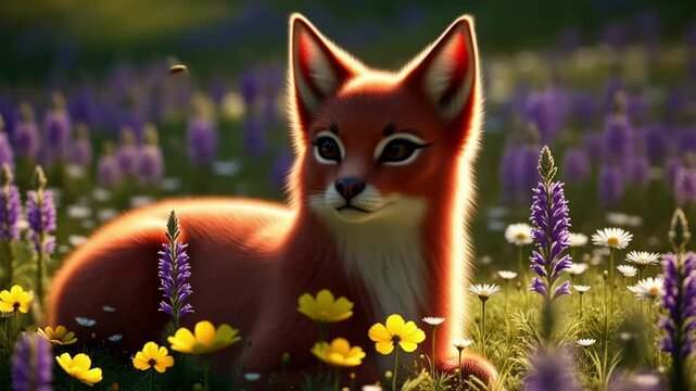 Animated fox sitting amidst blooming wildflowers in golden light with among vibrant wildflowers
