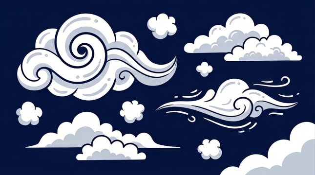 Decorative clouds vector set featuring stylized wind swirls and cute sky graphic elements