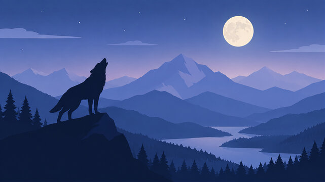 A minimalist flat vector illustration of a wolf silhouette howling on a cliff overlooking a river and layered blue mountains under a full moon night sky.