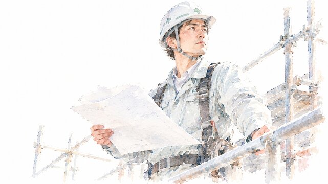 建築現場の足場で設計図を手に未来を見据える真剣な表情の日本人男性作業員