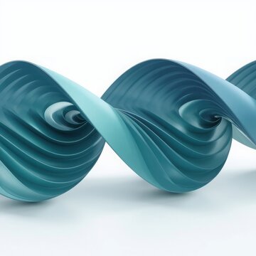 Abstract twisted turquoise ribbon spiral extending into distance on white backdrop.