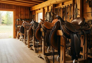 Obraz premium Equestrian lifestyle and horse riding tradition, leather saddles arranged on wooden racks inside a rustic stable with natural light from open door