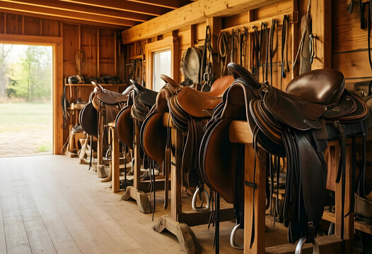Equestrian lifestyle and horse riding tradition, leather saddles arranged on wooden racks inside a rustic stable with natural light from open door
