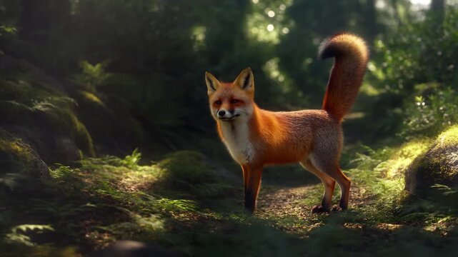 Red fox walking through sunlit forest with natural movement with gracefully moving through wildlife
