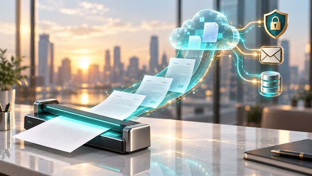 Swift High Speed Document Scanning to Secure Cloud Storage with Cybersecurity Shield and Data Icons in a Modern Paperless Office Environment with City Sunset Background