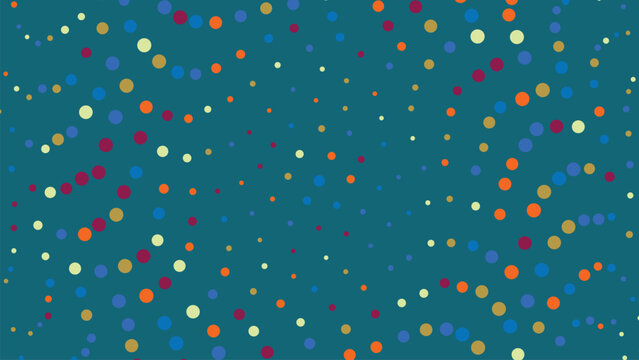 Minimalist background design with scattered colored circles arranged in gentle wavy patterns over a solid deep teal turquoise backdrop theme.