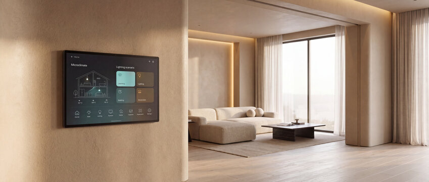 Smart home control panel on wall in a modern minimalist living room with beige plaster texture, displaying climate and lighting automation interface for luxury residential interior design
