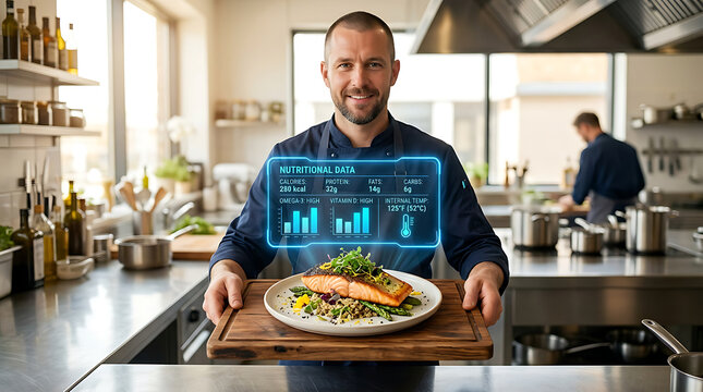 Chef Presenting Healthy Salmon Dish with Futuristic Nutritional Data Overlay, Modern Kitchen Background, Culinary Innovation