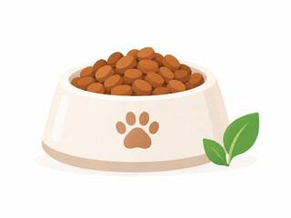 Zdrowa karma dla psa, ceramiczna miska z jedzeniem dla zwierząt i zielonym liściem, ilustracja flat design.