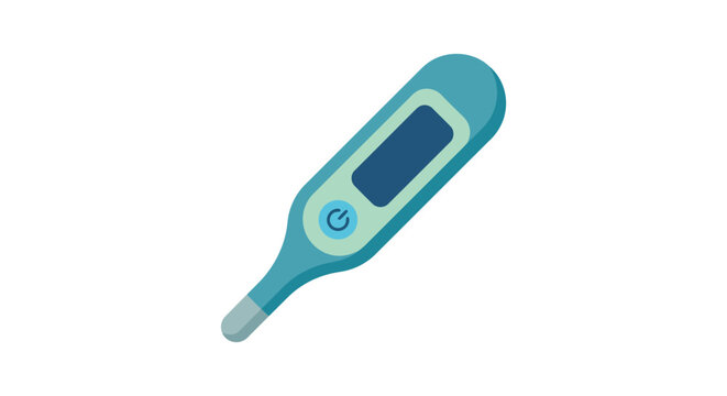 Digital thermometer illustration with a blue casing and dark screen on a white background