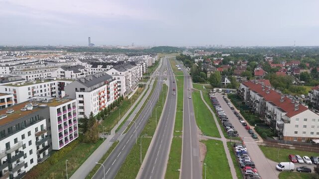 Wroclaw, Poland. Buforowa street in Jagodno residential district known for excessively dense development, as well as problems with transport