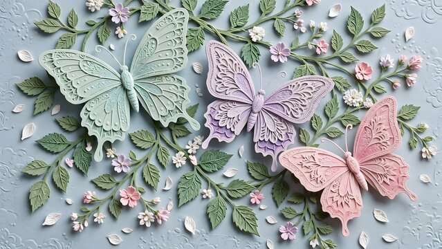 Pastel butterflies featuring intricate lace wings arranged artistically across a soft light blue background filled with delicate green leaves and tiny white 