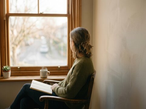 Person writing in a notebook beside a sunlit window, portraying reflection, journaling, studying, planning, and mindful everyday productivity.