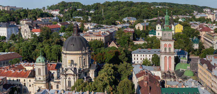 Dominican and Dormition Churches from city town hall, Lviv, Ukraine