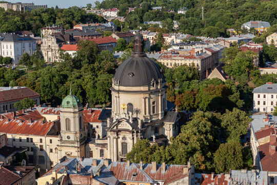 Ancient Dominican monastery from City town hall tower, Lviv, Ukraine